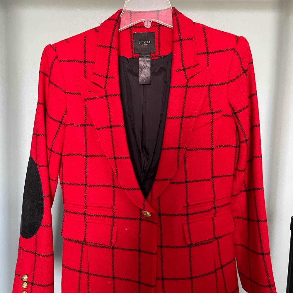 Smythe red and black wool blazer with black elbow pads and gold button